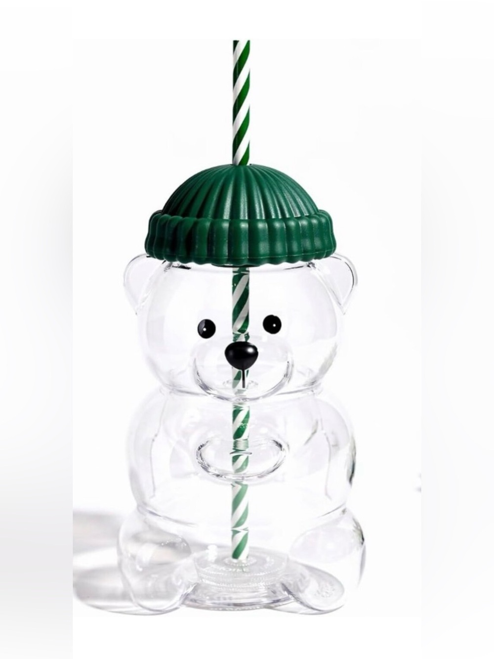 Clear Bear Glass Tumbler with Green Beanie Lid and Striped Straw